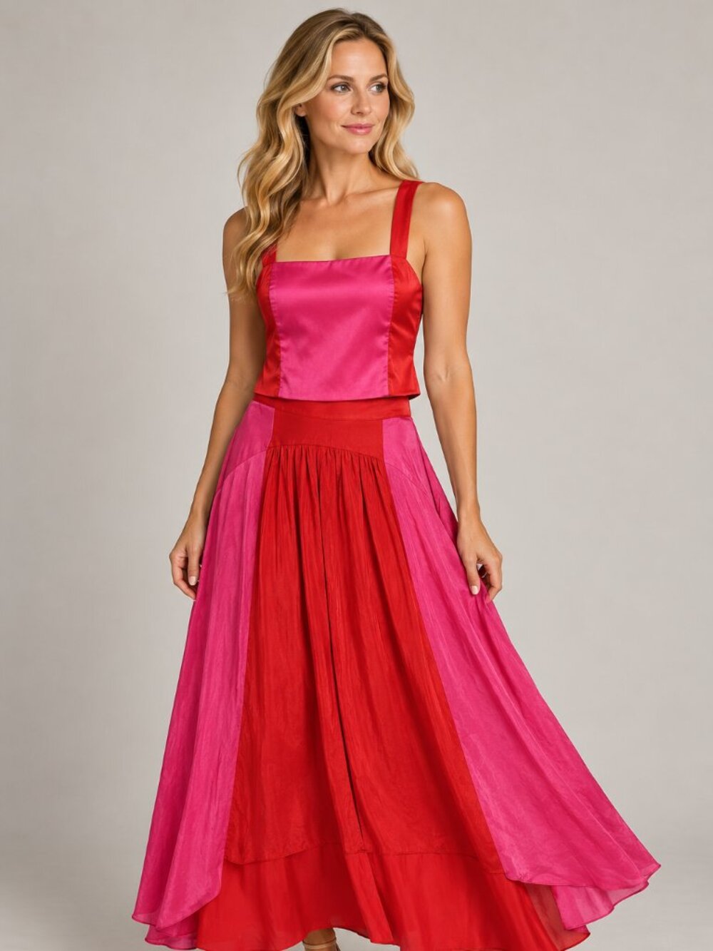 Petal & Pup Lulu M Red Pink Two Piece Maxi Skirt Set Colorblock High Low